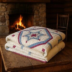 🌸 Hand-Quilted “Star in a Square” Patchwork Quilt – 86” x 86”